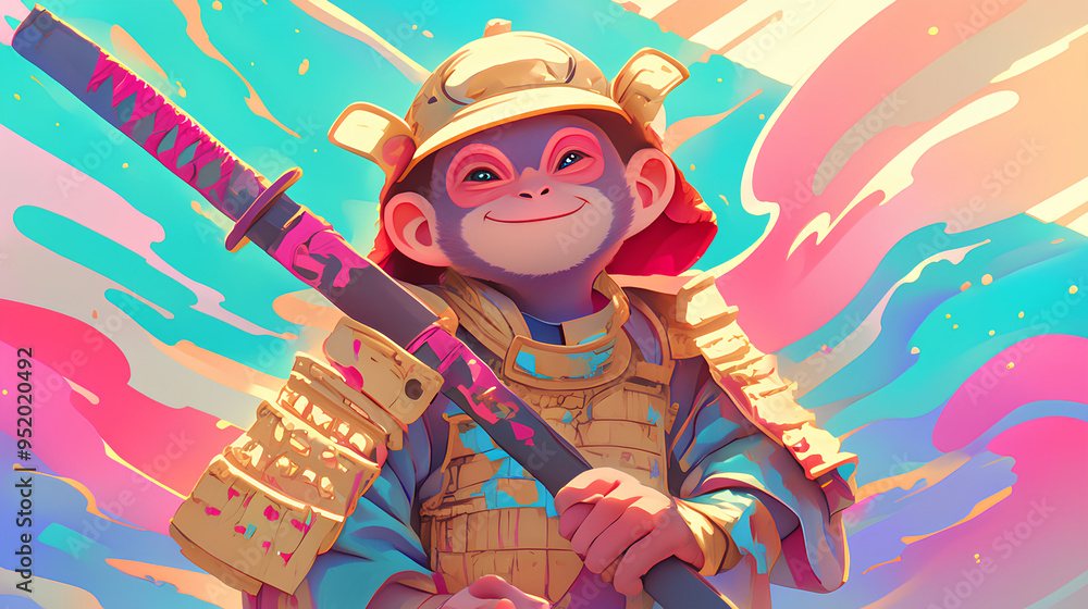 Wall mural Cute monkey wearing Japanese samurai armor, cool poses, cute kawaii, simple, smiling happy. neon psychedelic background