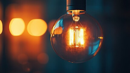 A close-up of a light bulb in a lamp fixture, with reflections and shadows playing on the surface of the glass, creating a warm and inviting light. -