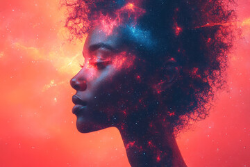 A personâ€™s silhouette filled with a galaxy, isolated on a pastel pink background,