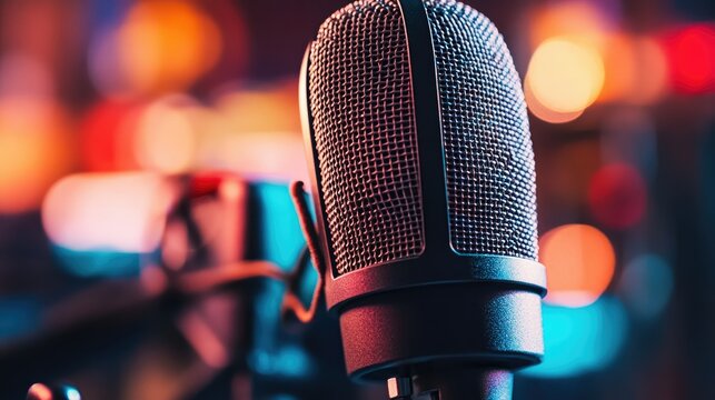 A close-up of a microphone covered with a pop filter, with a focus on the mesh and the clear sound quality it ensures, emphasizing the technical aspect of recording. - Powered by Adobe