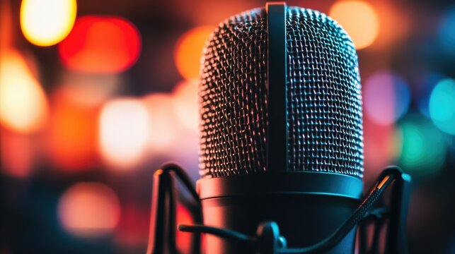 A close-up of a microphone covered with a pop filter, with a focus on the mesh and the clear sound quality it ensures, emphasizing the technical aspect of recording.