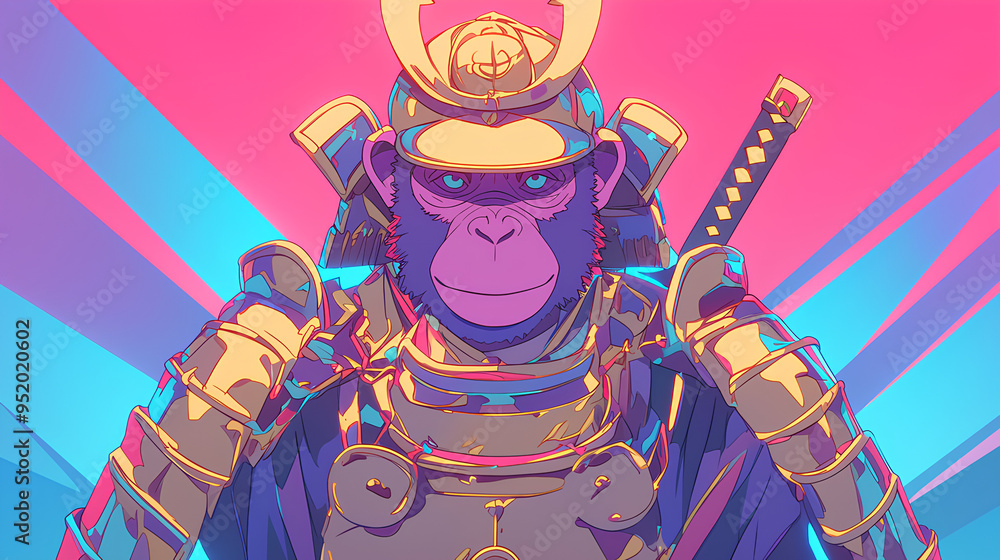 Wall mural cute monkey wearing japanese samurai armor, cool poses, cute kawaii, simple, smiling happy. neon psy