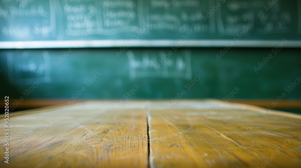 Poster focus on a wooden desk in an empty classroom with a chalkboard in the background, creating an educat