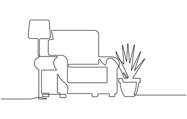 Continuous one line drawing of couch or sofa with lamp and potted plant. Modern furniture simple linear style vector 