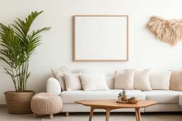 Modern Cozy Living Room with Frame Mockup Above Sectional Sofa and Decor Elements