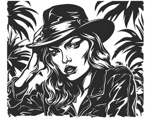 Fototapeta premium Gangster girl full aggressive expression black and white illustration