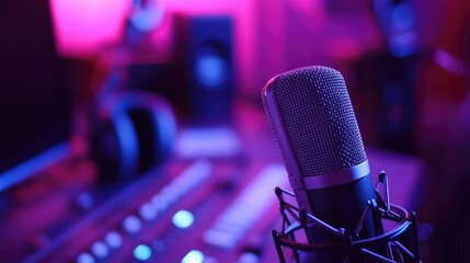 A close-up of a professional condenser microphone on a studio desk, with headphones and music equipment visible, showcasing the tools of a recording artist.