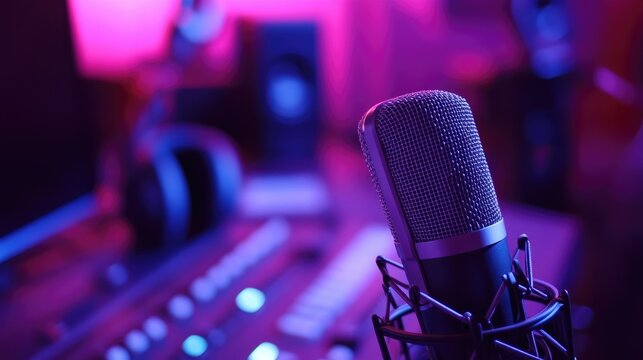 A close-up of a professional condenser microphone on a studio desk, with headphones and music equipment visible, showcasing the tools of a recording artist.