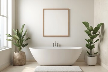 Serene Bathroom Decor with Frame Mockup Above Vintage Clawfoot Tub and Soft Neutral Tones