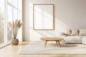 Inviting Living Room Interior with Frame Mockup, Bay Window, Sofa, Coffee Table, and Indoor Plants