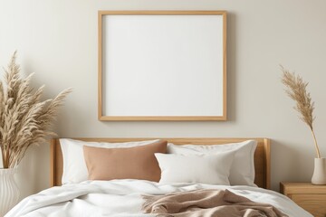 Cozy Guest Room Ambiance - Frame Mockup with Wooden Bed, Soft Bedding, Decorative Pillows, and Rug on Wall