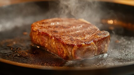 A close-up of a sizzling steak on a hot skillet, with steam rising from the perfectly cooked meat and the seared crust, showcasing the juicy and flavorful dish.