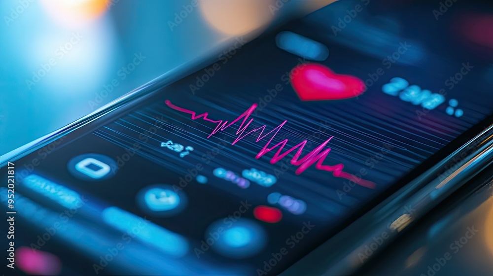 Poster a close-up of a smartphone app displaying a heart rate monitor with a digital graph, capturing the c