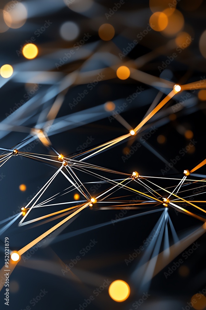 Poster abstract network of glowing lines and points on dark background.