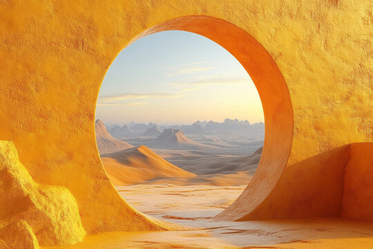 A keyhole revealing a desert landscape inside, isolated on a pastel yellow background,