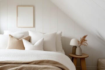 Cozy Attic Bedroom with Frame Mockup, Soft Bedding, and Warm Throw | Comfortable Interior Design Concept in Small Urban Space