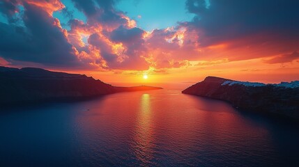 Fototapeta premium Dramatic Sunset Over the Aegean Sea with Cliffs and a Small Boat