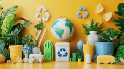 Colorful recycling bins and globe surrounded by green plants on a yellow background.