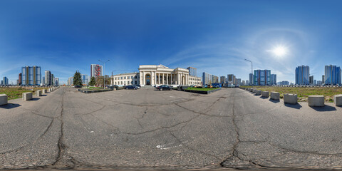 hdri 360 panorama near old historic palace with columns among skyscrapers in residential complex...