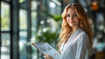 Obraz premium Confident Businesswoman with Data: A young, professional woman with flowing red hair smiles confidently while holding a clipboard with charts and graphs, showcasing her expertise and success in a mode