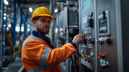 Industrial Control: Focused and Determined, a skilled worker in a yellow hard hat and orange safety vest monitors a complex industrial control panel, demonstrating expertise and precision in a modern 