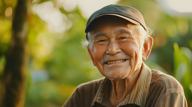 43. An elderly person expressing contentment with a warm smile and relaxed posture