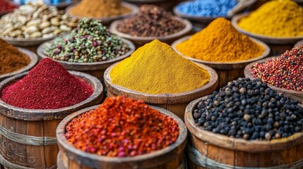 Fototapeta premium Colorful Spices in Wooden Bowls at a Market