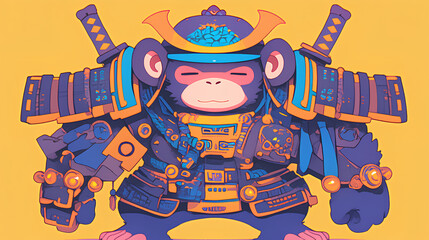 Cute monkey wearing Japanese samurai armor, cool poses, cute kawaii, simple, smiling happy. neon psychedelic background