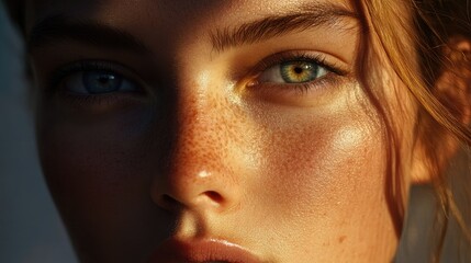 Fototapeta premium A close-up of a young face with a thoughtful expression, showcasing her natural features and the gentle play of light and shadow on her skin.