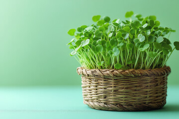 Naklejka premium A close-up of freshly harvested microgreens of sunflower shoots in a small wooden basket, isolated on a soft pastel green background,