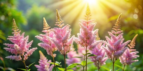 Obraz premium a photo image of a whimsical illustration of astilbe flowers floating away on delicate stems, leaves unfurled, as if carried by a soft breeze on a sunny day