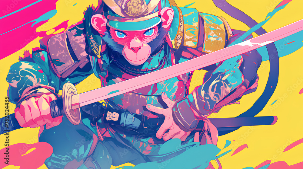 Poster cute monkey wearing japanese samurai armor, cool poses, cute kawaii, simple, smiling happy. neon psy