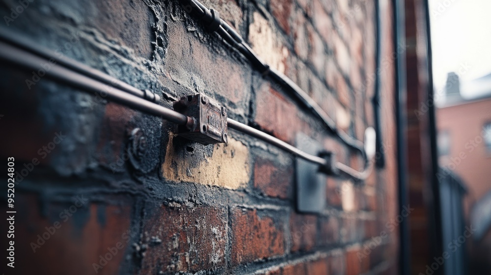 Fototapete A close-up of electrical wires running along the side of a building, with the textures of the brick wall and the metal conduit adding depth and interest to the composition.