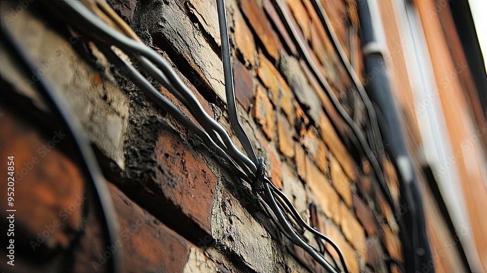 Fototapete a close-up of electrical wires running along the side of a building, with the textures of the brick 