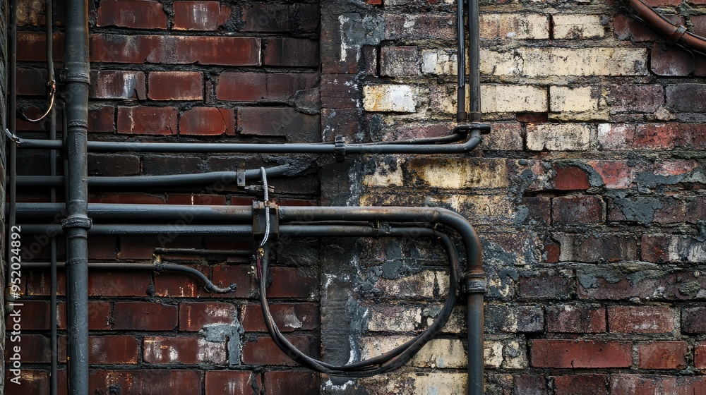 Fototapete A close-up of electrical wires running along the side of a building, with the textures of the brick wall and the metal conduit adding depth and interest to the composition.