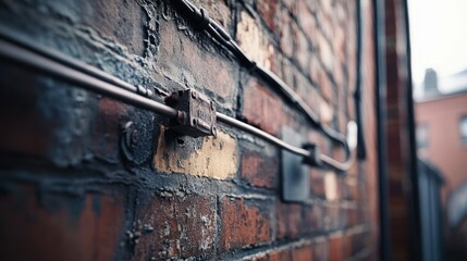 A close-up of electrical wires running along the side of a building, with the textures of the brick wall and the metal conduit adding depth and interest to the composition.