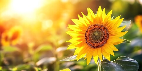 Obraz premium Vibrant sunflower with golden petals blooming in a field under the sun, sunflower, nature, bloom, yellow, petals, plant, garden 