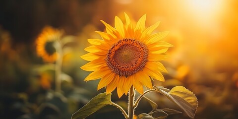 Naklejka premium Vibrant sunflower with golden petals blooming in a field under the sun, sunflower, nature, bloom, yellow, petals, plant, garden