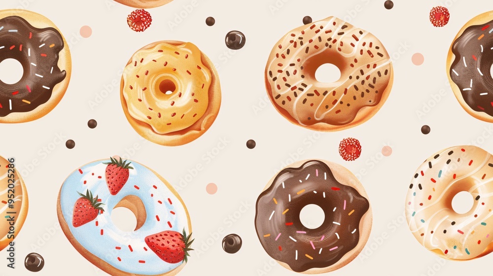 Poster donut delight: a delectable pattern of glazed donuts, each with unique toppings, creating a sweet an