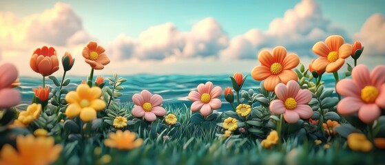 Playful Live Design scene with a sea and multicolored flowers on green grass. Fresh colors