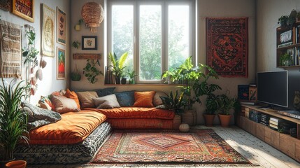 Cozy Bohemian Living Room with Floor Pillows and Plants