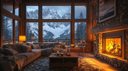 Cozy Cabin Living Room with Mountain View and Fireplace