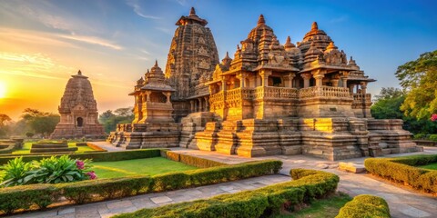 Obraz premium ancient stone intricate carvings of khajuraho temple indian monuments illuminated golden hour warm sunlight and lush greenery surrounding