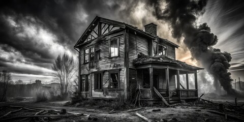Haunting, cinematic, black-and-white photograph of a charred, burned-out, post-apocalyptic home, with a twisted metal frame, and a dark, foreboding atmosphere.