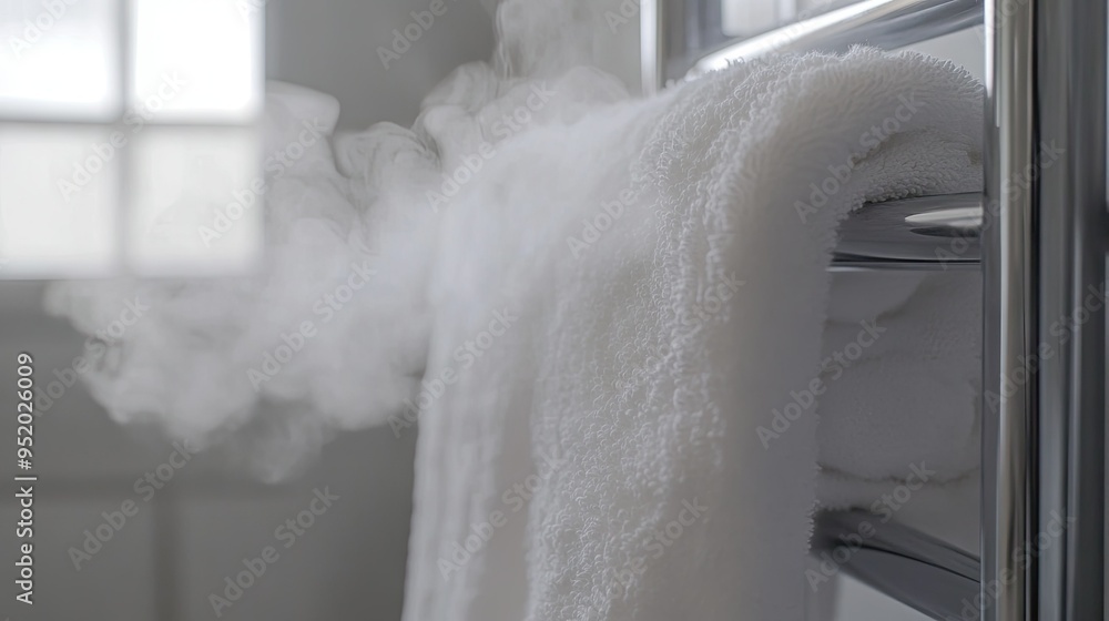 Poster a close-up of steam clouds emerging from a heated towel rail in a bathroom, with the steam adding a 
