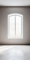 Fototapeta premium Minimalist tranquil room with a large window filling the room with natural light and minimal furniture or decor.