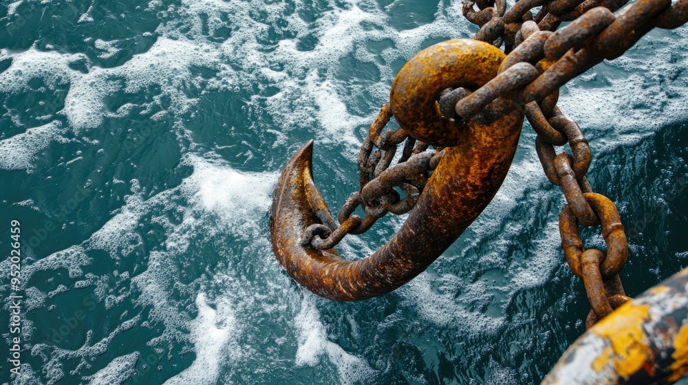 Poster a close-up of the anchor of a large ship being lowered into the sea, with the heavy chain links and 