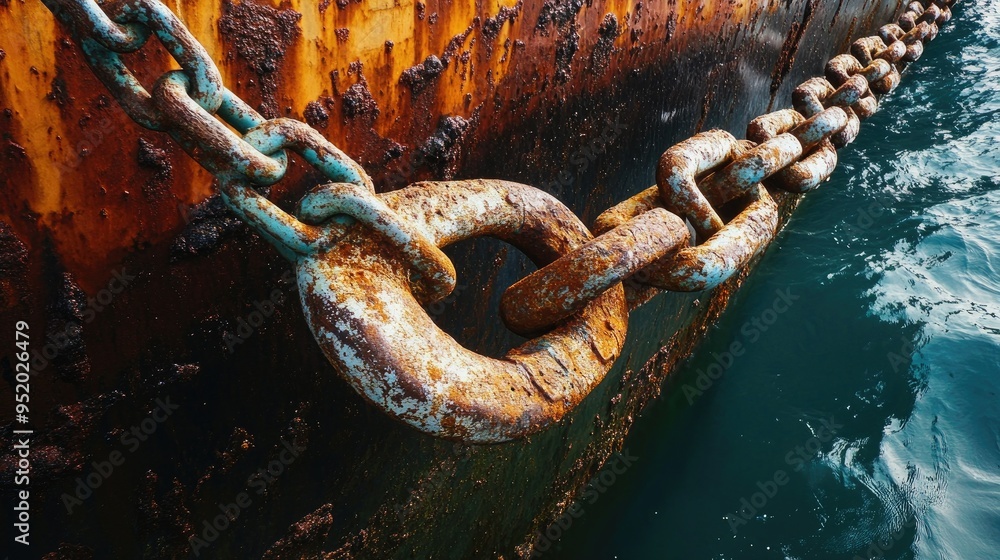 Poster a close-up of the anchor of a large ship being lowered into the sea, with the heavy chain links and 
