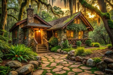 Obraz premium Rustic yet luxurious private cabin in Florida's woods with moss-covered stones and twisted vines illuminated by soft warm afternoon sunlight
