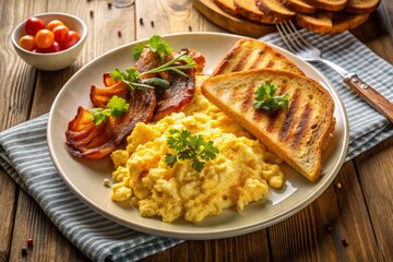 Bird's-eye view of a perfectly arranged breakfast plate, adorned with crispy bacon, scrambled eggs, and toasted bread, bathed in soft, golden morning light, evoking a sense of warmth and appetite.